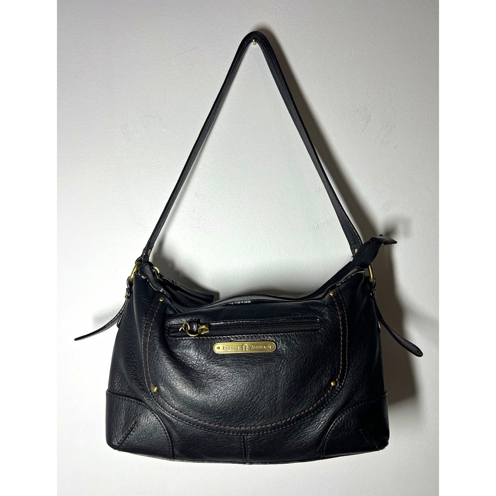 Vtg Etienne Aigner Black Pebbled Leather Shoulder Bag Zip Top w/ Pockets